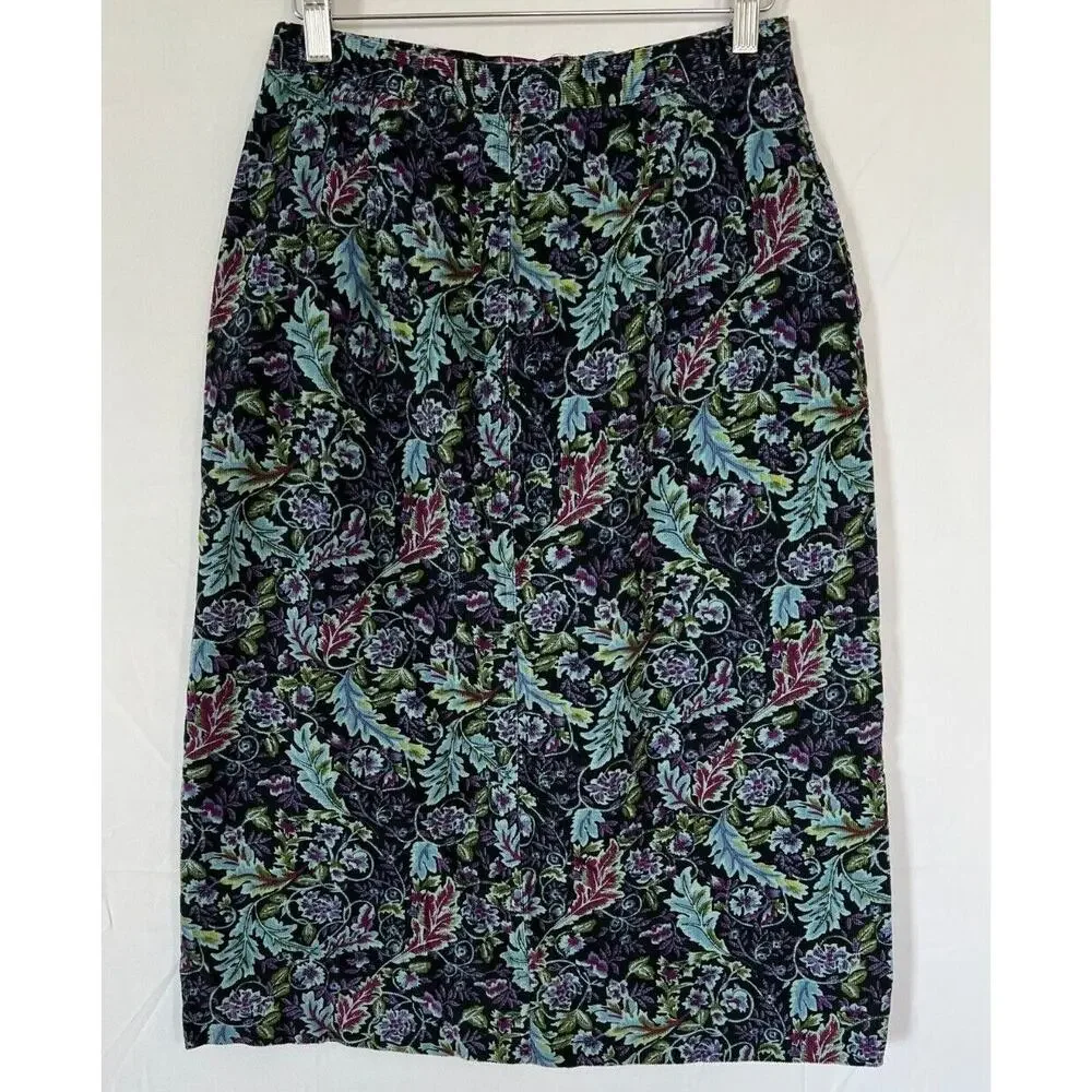 Appleseeds Dark Floral Leaf Corduroy Midi Skirt Womens Size 10P Petite Black